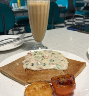 Chicken and Cheese Sandwich, cold coffee - Habitat Hub, India Habitat Center